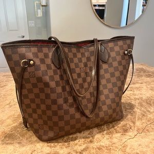 Louis Vuitton Neverfull Mm Damier Ebene Red Lining Brown Canvas Tote